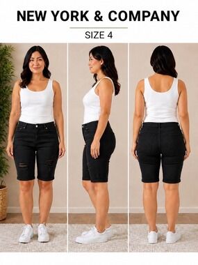 New York & Company Black Distressed Bermuda Denim Shorts Size 4